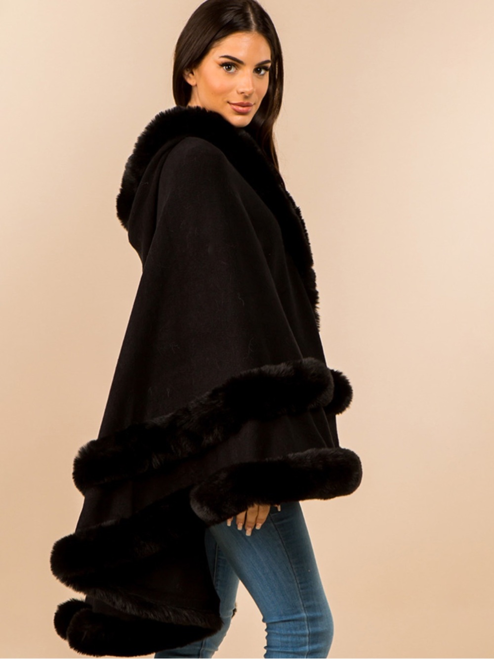 Black Faux Fur-Trim Hooded Cape Sweater - Women